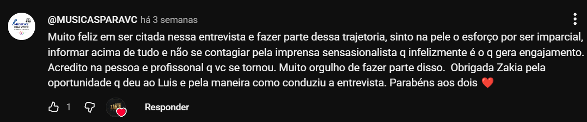 Depoimento no YouTube agradecendo a oportunidade e a condução da entrevista.