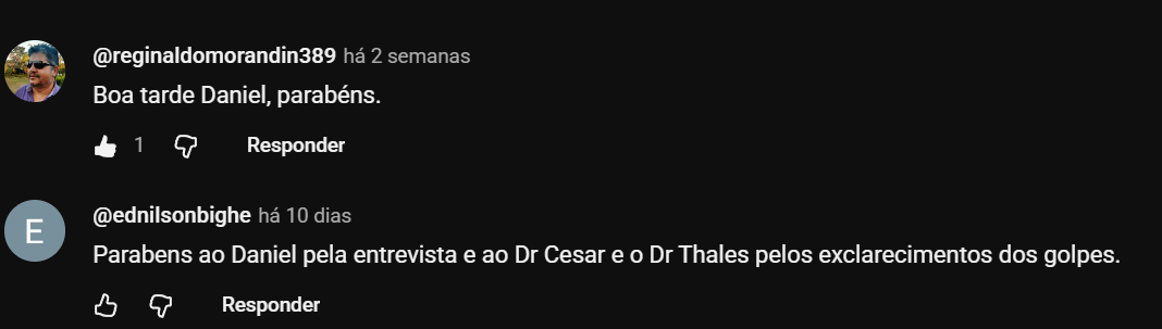 Depoimentos no YouTube parabenizando Daniel Zákia pela entrevista.
